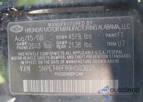 2009 Hyundai Sonata Gls V6 из США, поврежденный, VIN 5NPET46F99H503655